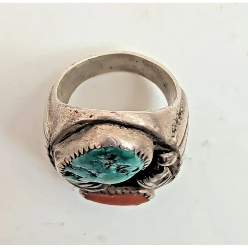 Vintage Heavy Southwestern Sterling Silver 30g Turquoise Coral Leaf Ring Sz 8.75